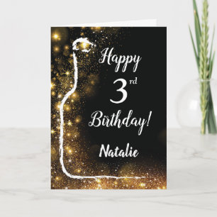 Happy 3rd Birthday Black and Gold Glitter Wine Card