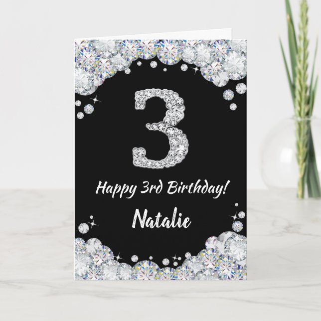 Happy 3rd Birthday Black and Silver Glitter Card (Front)