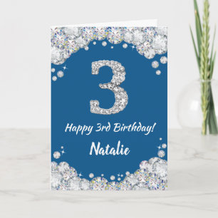 Happy 3rd Birthday Blue and Silver Glitter Card