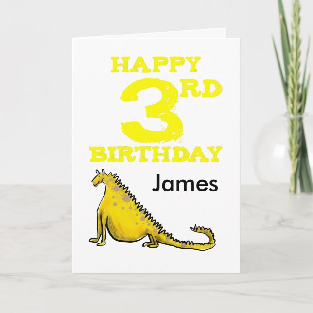 Happy 3rd birthday cartoon dinosaur in yellow boys card (Front)