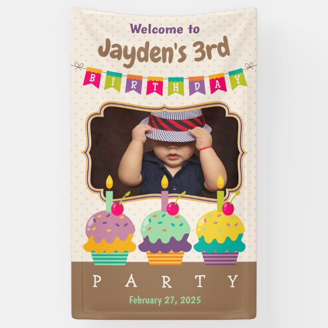 Happy 3rd Birthday Colourful Cupcakes Bunting Phot Banner (Vertical)