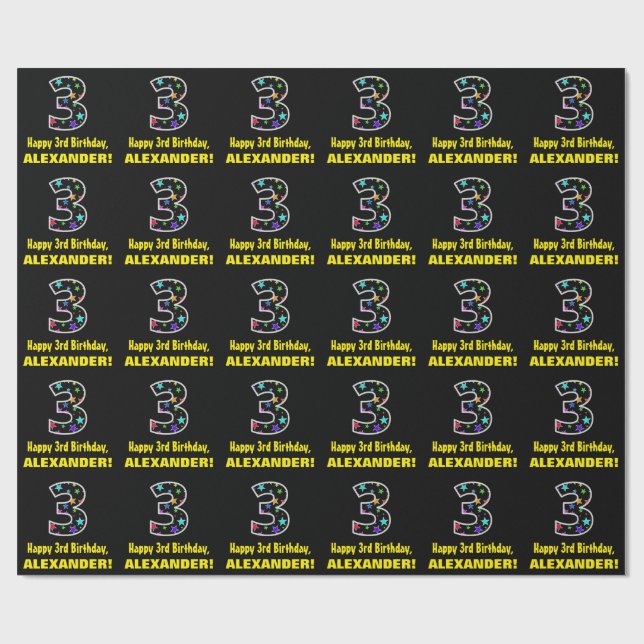 Happy 3rd Birthday, Fun Colourful Stars Pattern 3 Wrapping Paper (Flat)