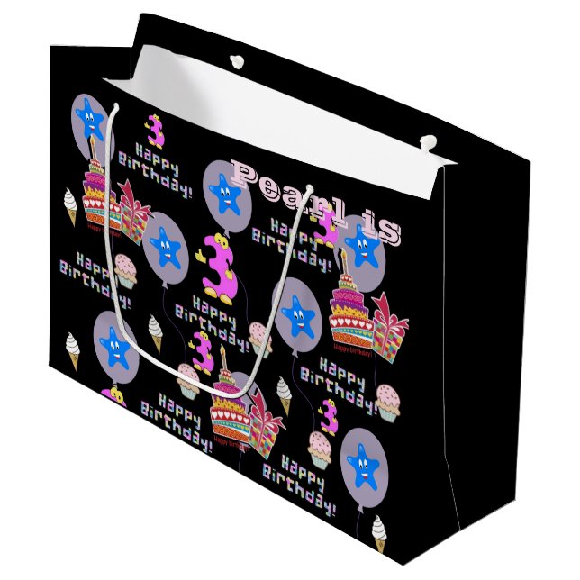 Happy 3rd Birthday Gift Bag #3 Black (Front Angled)