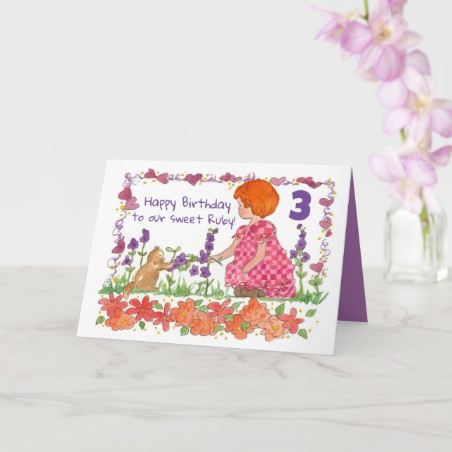 Happy 3rd Birthday Girl Ginger Hair Kitten Cat Card (Orchid)
