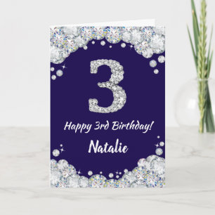 Happy 3rd Birthday Navy Blue and Silver Glitter Card