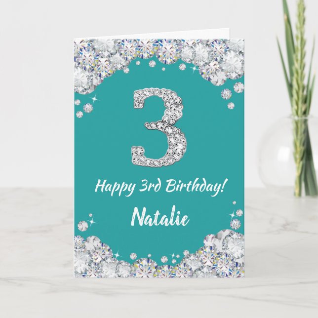 Happy 3rd Birthday Teal and Silver Glitter Card (Front)