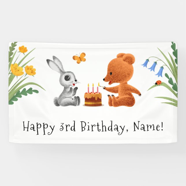 Happy 3rd Birthday Teddy Bear Bunny Cake Candles Banner (Horizontal)