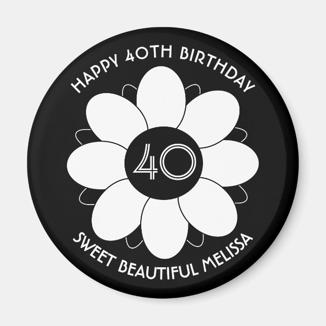 Happy 40 Birthday Floral Design Pattern Black Magnet (Front)