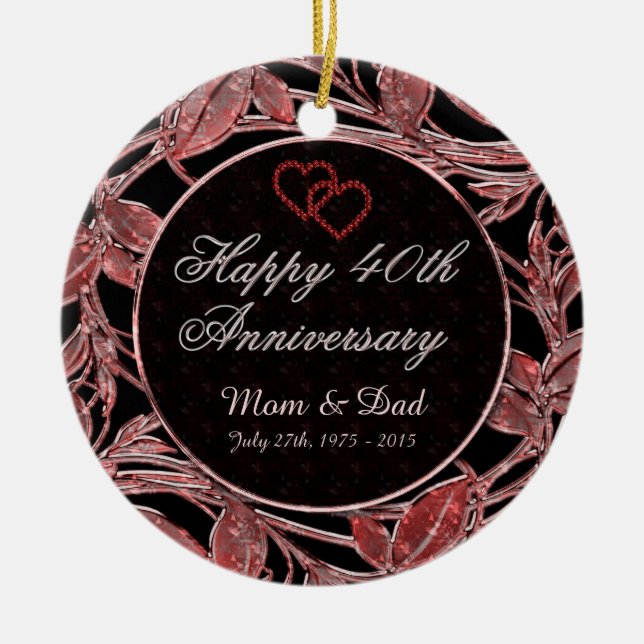 Happy 40th Anniversary Ruby Leaves DBL Sided Ceramic Ornament (Front)