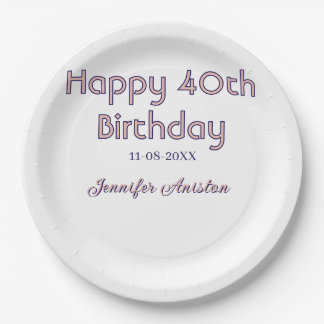 Happy 40th birthday add name date pink purple tren paper plate