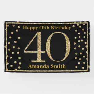 Happy 40th Birthday Banner Black and Gold Glitter