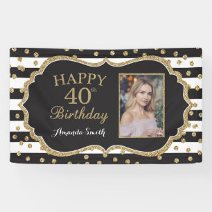 Happy 40th Birthday Banner. Gold Glitter Photo Banner