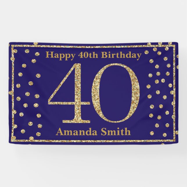 Happy 40th Birthday Banner Navy Blue Gold Glitter (Horizontal)