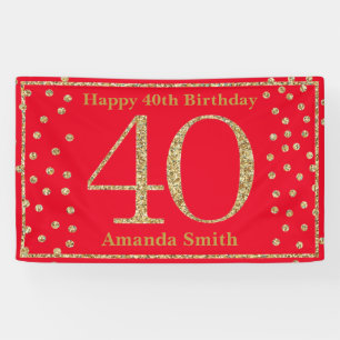 Happy 40th Birthday Banner Red and Gold Glitter