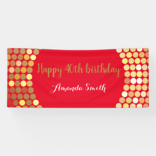 Happy 40th Birthday Banner Red Gold Glitter