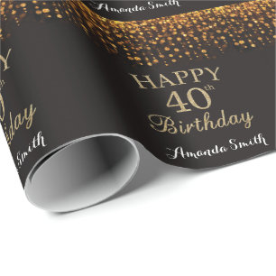 Happy 40th Birthday Black and Gold Glitter Wrapping Paper