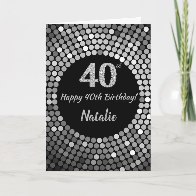 Happy 40th Birthday Black and Silver Glitter Card (Front)