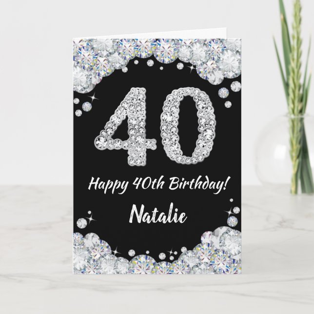 Happy 40th Birthday Black and Silver Glitter Card (Front)