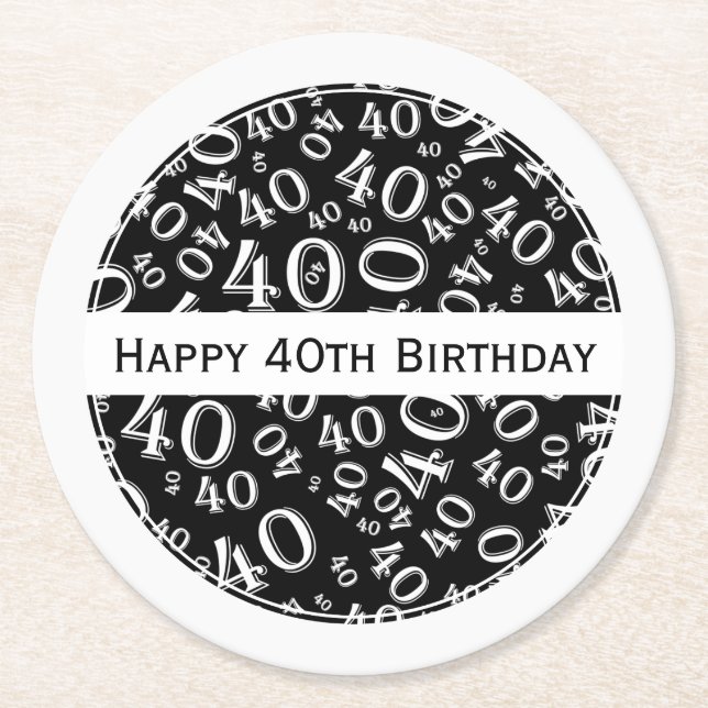 "Happy 40th Birthday" Black/White Party Theme Rnd Round Paper Coaster (Front)