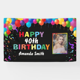 Happy 40th Birthday Colorful Balloons Confetti Banner