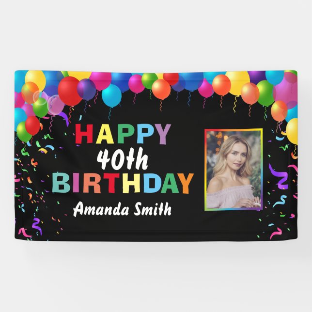 Happy 40th Birthday Colorful Balloons Confetti Banner (Horizontal)