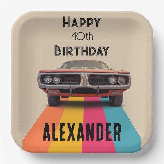 Happy 40th Birthday Customisable Vintage Retro Paper Plate (Front)