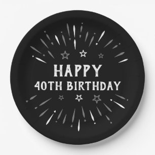 Happy 40th Birthday Fireworks Black White Grey Paper Plate