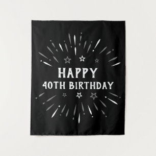 Happy 40th Birthday Fireworks Black White Grey Tapestry
