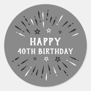 Happy 40th Birthday Fireworks Grey Black White Classic Round Sticker