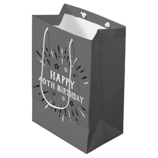Happy 40th Birthday Fireworks Grey Black White Medium Gift Bag (Front Angled)