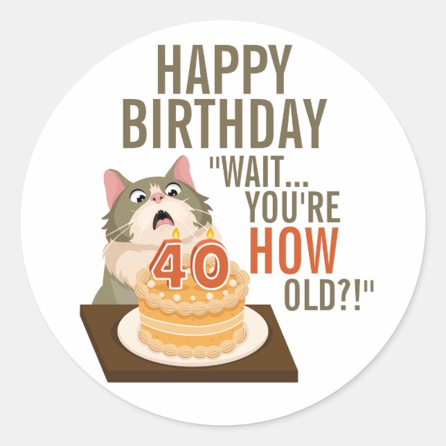 Happy 40th Birthday Funny Cat Humour Retro Joke Classic Round Sticker (Front)