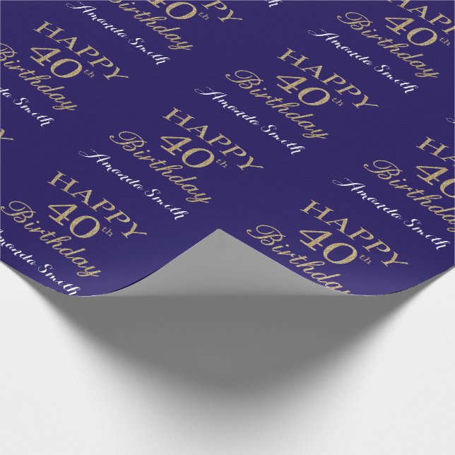 Happy 40th Birthday Gold Glitter and Navy Blue Wrapping Paper (Corner)