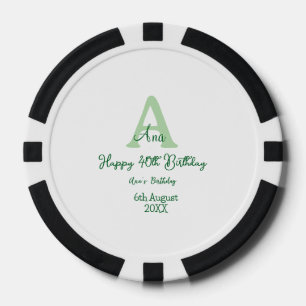 Happy 40th birthday green add name monogram modern poker chips