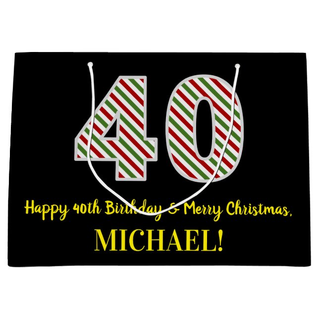 Happy 40th Birthday & Merry Christmas, Custom Name Large Gift Bag (Front)