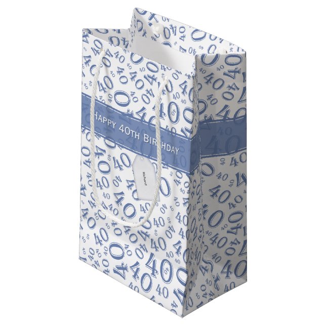 Happy 40th Birthday Number Pattern Blue/White (S) Small Gift Bag (Front Angled)