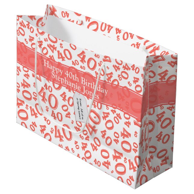 Happy 40th Birthday Number Pattern Cora/White 40 Large Gift Bag (Front Angled)