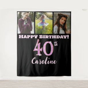 Happy 40th Birthday Party, Pink Glitter & 3 photos Tapestry