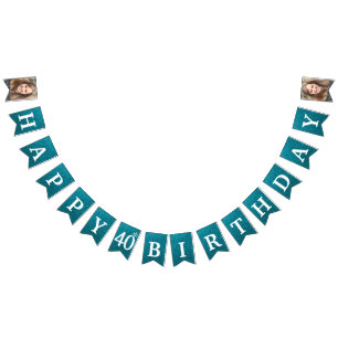 Happy 40th Birthday Photo Teal Glitter Bunting