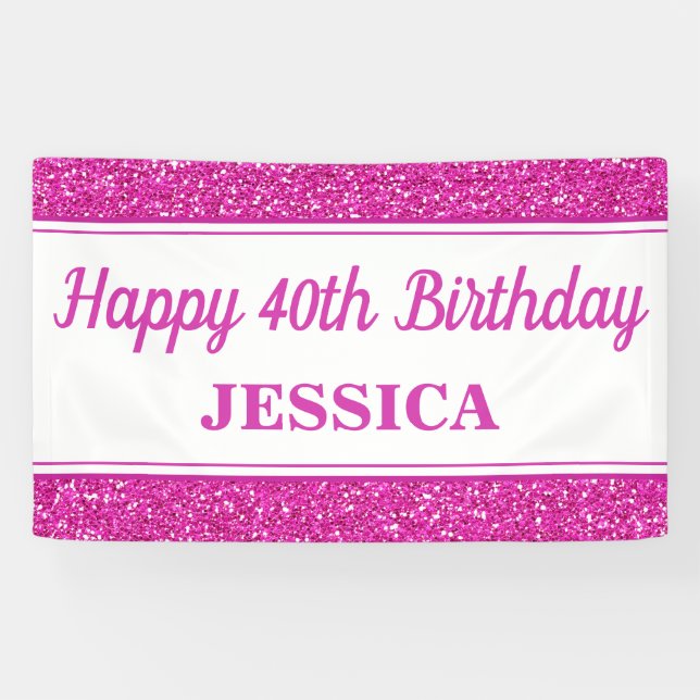 Happy 40th Birthday Pink Glitter Banner (Horizontal)
