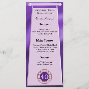 Happy 40th Birthday Purple Glitter Foil Menu