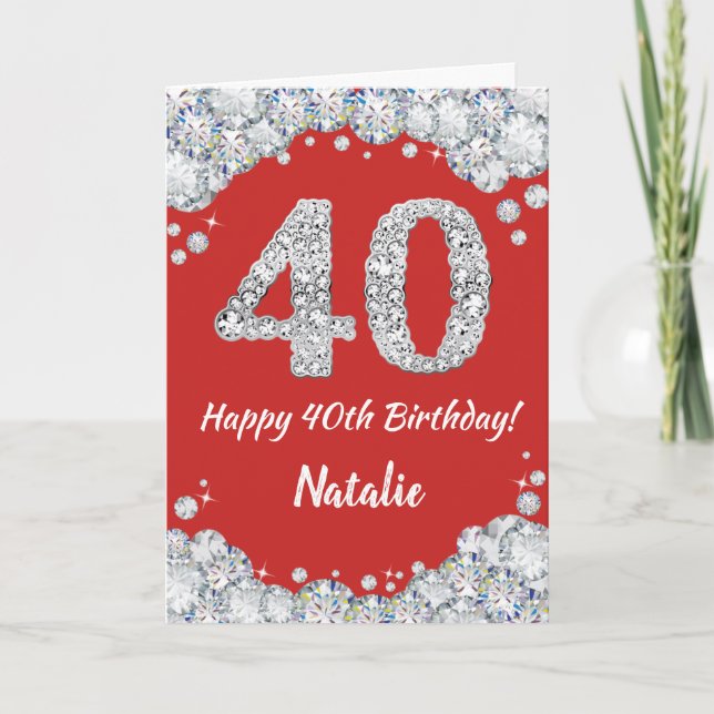 Happy 40th Birthday Red and Silver Glitter Card (Front)