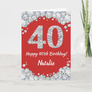Happy 40th Birthday Red and Silver Glitter Card