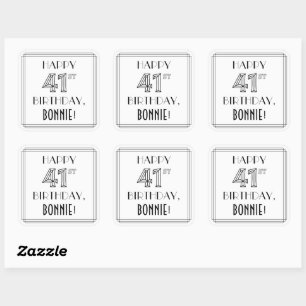 HAPPY 41ST BIRTHDAY, Art Deco Style, Custom Name Square Sticker