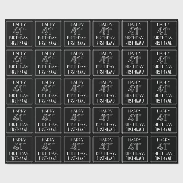 HAPPY 41ST BIRTHDAY; Art Deco Style w/ Custom Name Wrapping Paper (Seam)