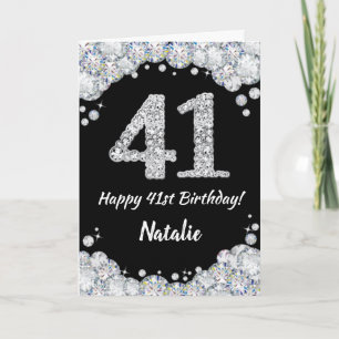 Happy 41st Birthday Black and Silver Glitter Card