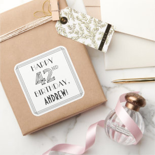 HAPPY 42ND BIRTHDAY, Art Deco Style, Custom Name Square Sticker
