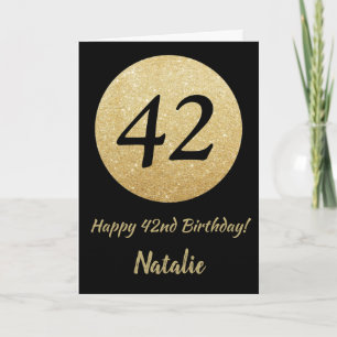 Happy 42nd Birthday Black and Gold Glitter Card