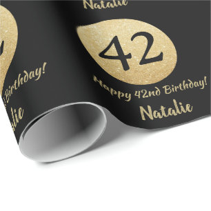 Happy 42nd Birthday Black and Gold Glitter Wrapping Paper