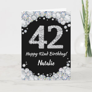 Happy 42nd Birthday Black and Silver Glitter Card