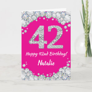 Happy 42nd Birthday Hot Pink and Silver Glitter Card